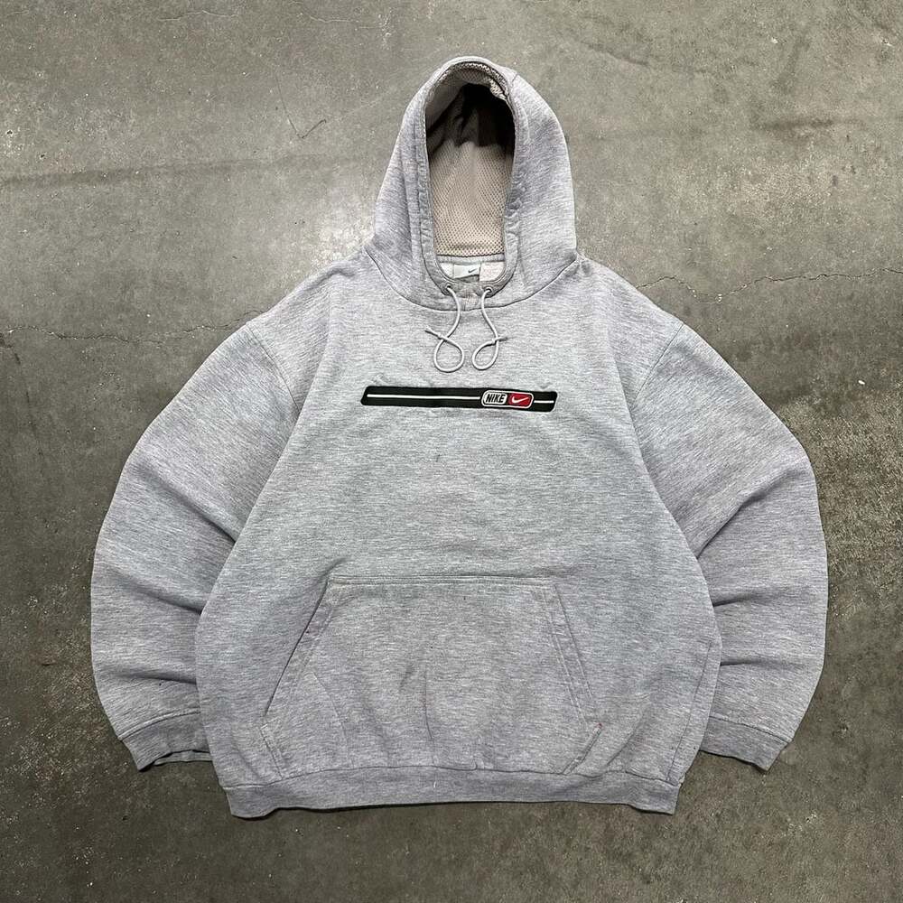 Vintage Y2K Nike Grey Embroidered Center Logo Stripe Hoodie Sweatshirt Size L